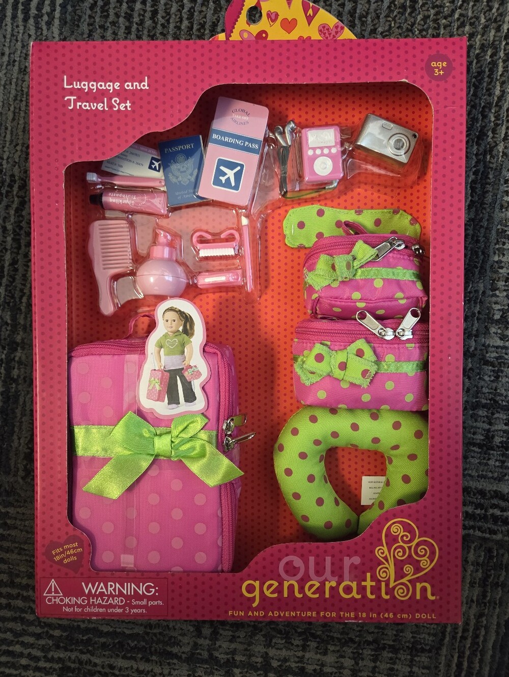 Our Generation Luggage and Travel Set--18 inch doll Accessory NIB-Pink Polka Dot